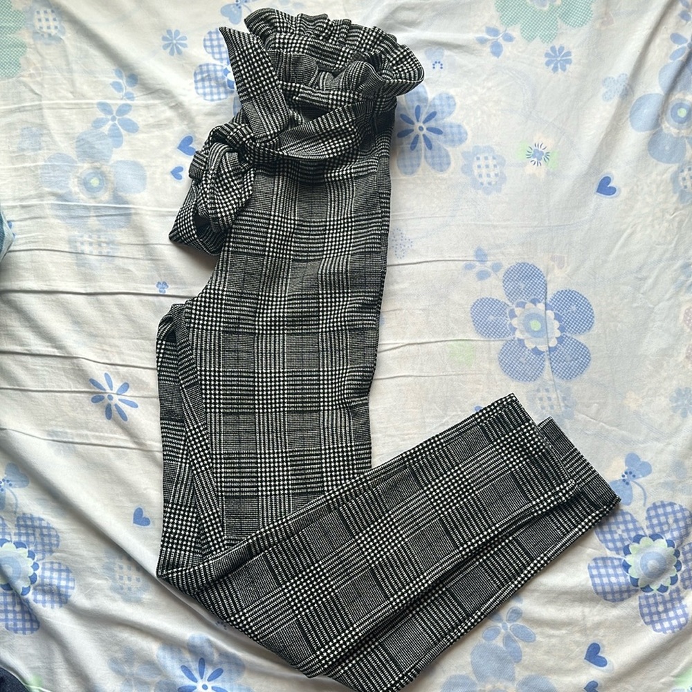 SHEIN Tie Front Plaid Paperbag Skinny Pants